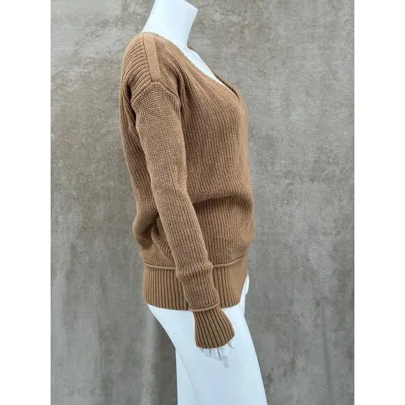 Minnie Rose Sweater Womens Small Tan Knit V-Neck‎ 100% Cotton Minimalist Autumn - Picture 3 of 12